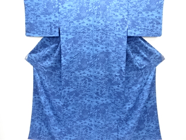 本藍型染流水に草花模様小紋着物